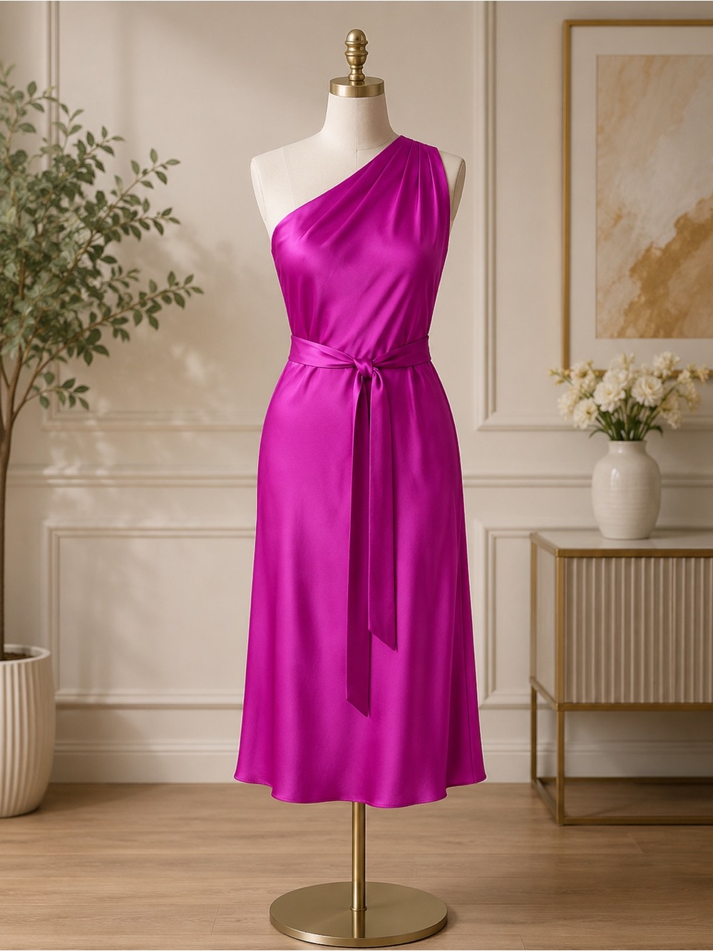 Banana Republic One-Shoulder Satin Dress in Fuchsia